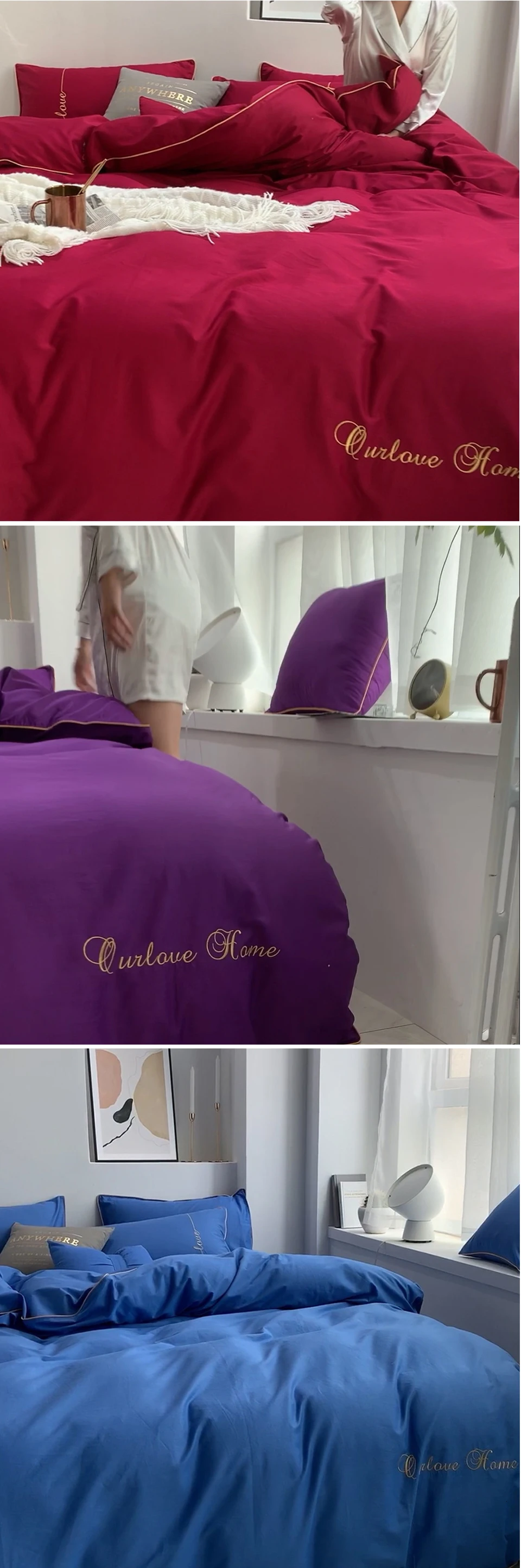 Yimeis постельное белье хлопок сатин сплошной цвет King size одеяло набор вышивка хлопок постельное белье набор 4 шт