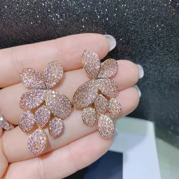 

Fashion exaggerated micro zircon symmetrical pink flowers hot selling drop earrings for women wedding party