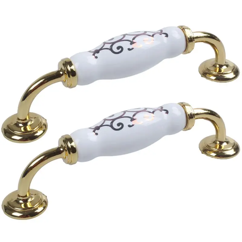 

1 Pair Gold Flower Print White Ceramics Door Drawer Handle Pull Knobs Gold-Zine Alloy Base (Tone Height: 128mm / 5.04inch)