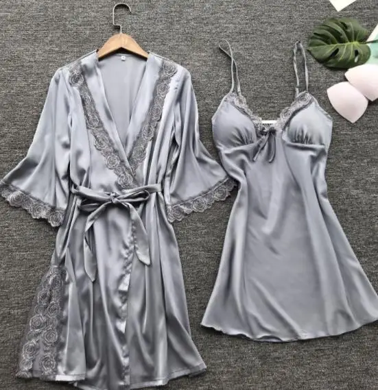 Fashion Women's Summer Mini Kimono Robe Lady Rayon Bath Gown Yukata Nightgown Sleepwear Sleepshirts Pijama Mujer Size M-XL - Цвет: Gray