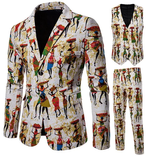 Мужские костюмы с принтом комплект из 3 предметов в этническом стиле, повседневный приталенный костюм с двумя пуговицами, винтажные Свадебные костюмы(Блейзер+ жилет+ брюки - Цвет: T62