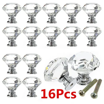 

16Pcs/set 30mm Diamond Shape Design Crystal Glass Knobs Cupboard Drawer Pull Kitchen Cabinet Door Wardrobe Handles Hardware