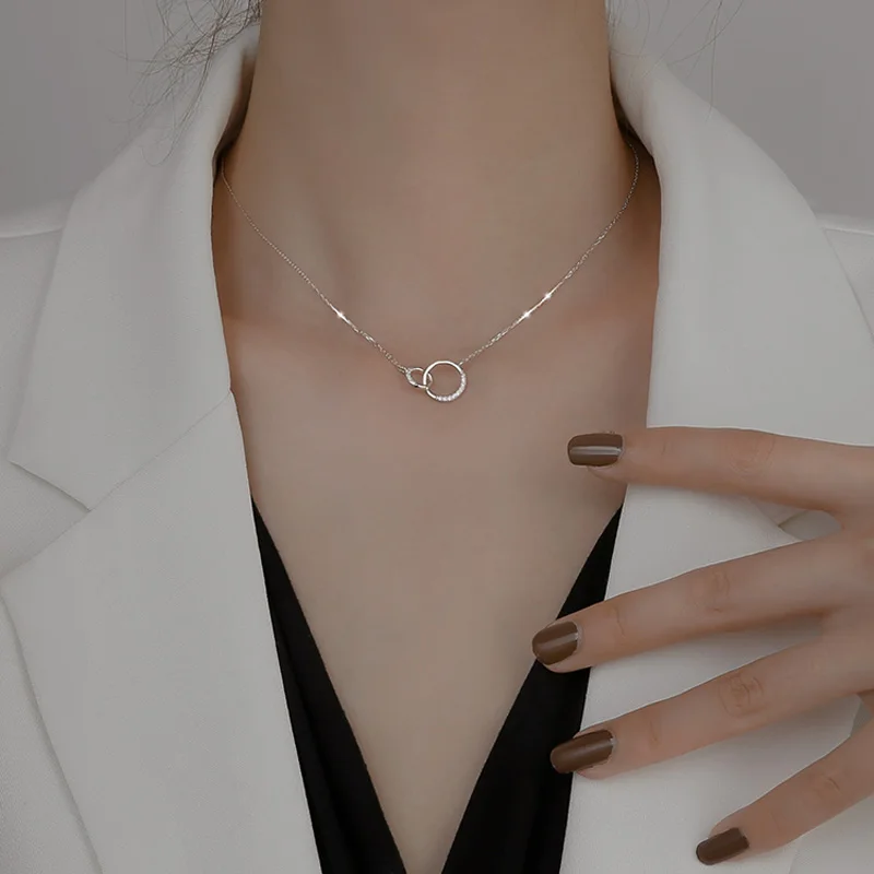 Silver Pendant Necklace 925 Sterling Silver Round Double Circle CZ Zirconia Necklaces & Pendants For Women Party Gift