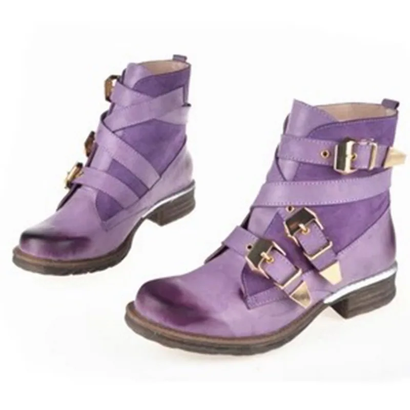 HEFLASHOR Fashion Women Boots Purple Short Ankle Boots Genuine Leather Blue Winter Strapped Buckle Short Boot Women Shoes