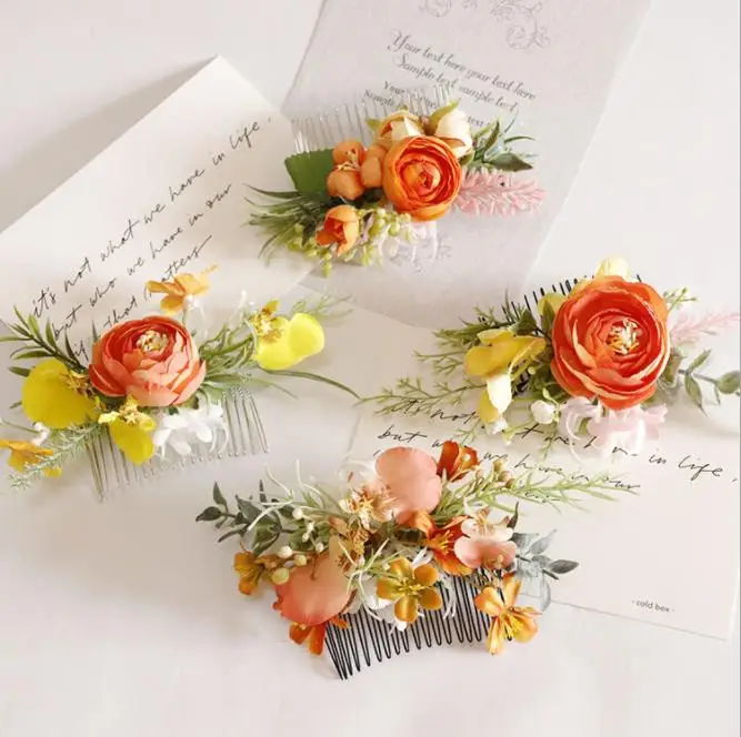 

New Arrival Orange Artificial Bridal Flowers Hair Comb Tea Rose Wedding Hair Accessories for Bride Demoiselle d honneur mariage