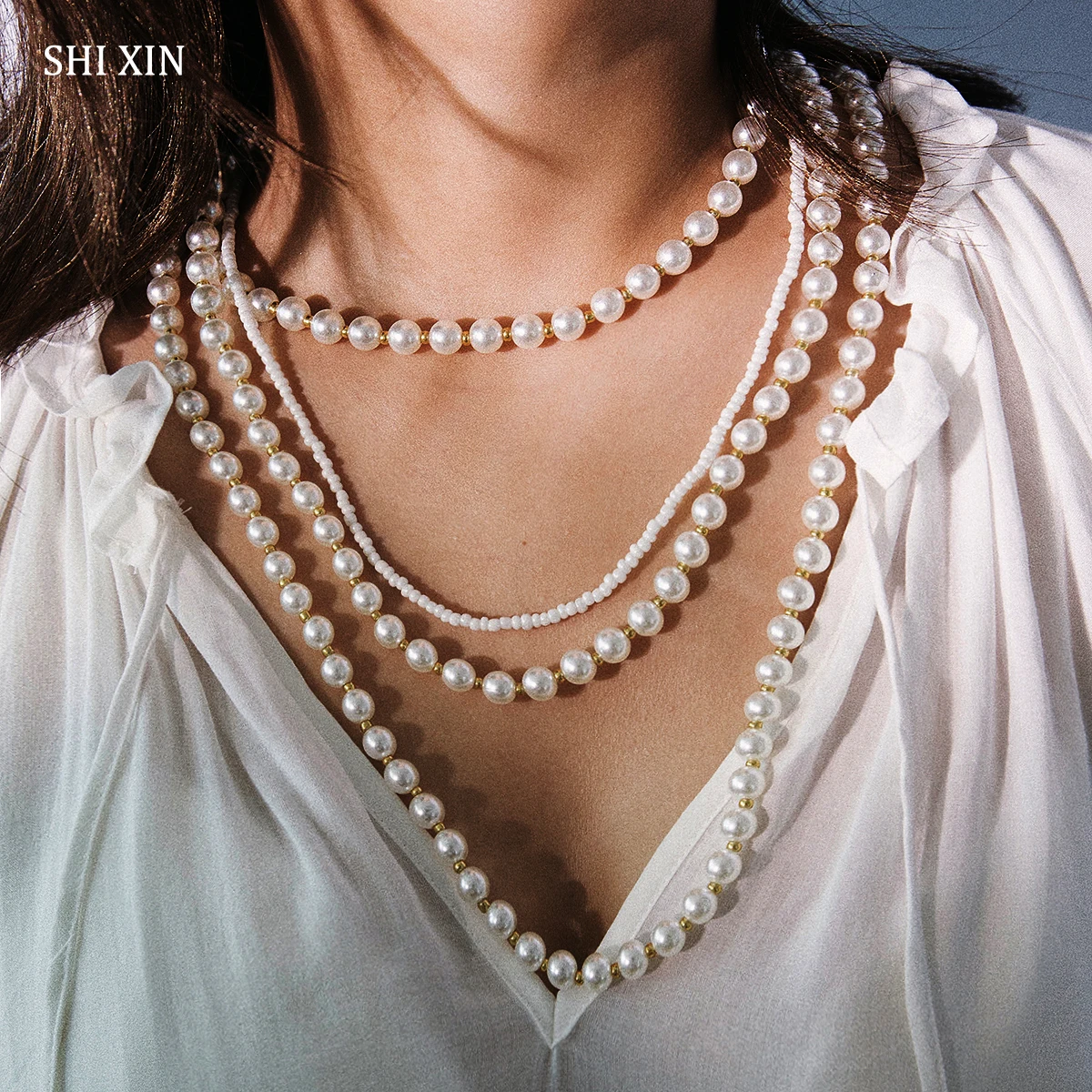 SHIXIN хип-хоп жемчужное ожерелье-чокер для женщин увеличенное большое многослойное ожерелье из бисера, персонализированные украшения на шею