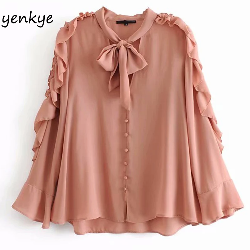 

2019 Women Layered Ruffle Flowy Chiffon Blouse Female Bow Tie Stand Collar Long Sleeve Elegant Ladies Office Shirts AAZZ9469