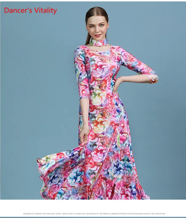 Adult Modern Dance Half Sleeve Spandex Printing Dress Ballroom National Standard Waltz Jazz Dancing Competition Practice Outfi