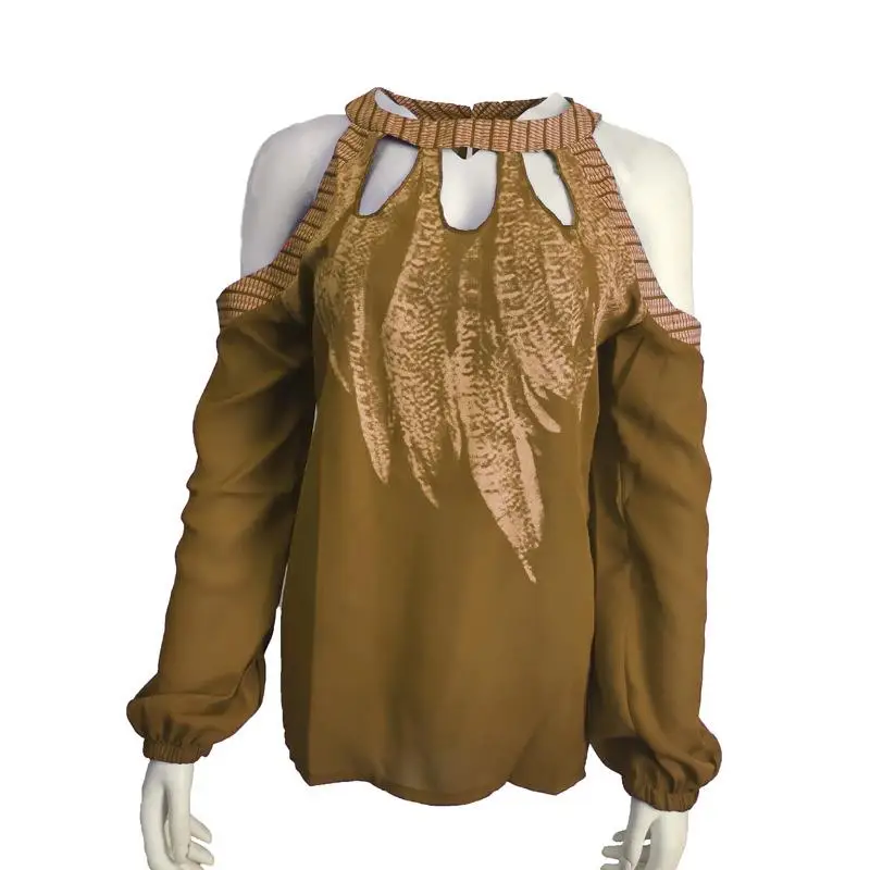 5Xl Женские выдалбливают топы и блузки с длинным рукавом печати размера плюс рубашки топы Свободные с открытыми плечами шифоновая блузка