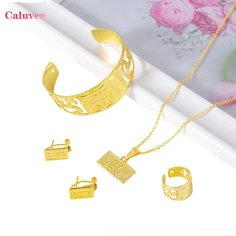 

MY LOVE Arabic Name Necklace for Baby Dubai Jewelry sets for Girls Ethiopian Gold Color Rings Earrings Sets Bridal Jewelry