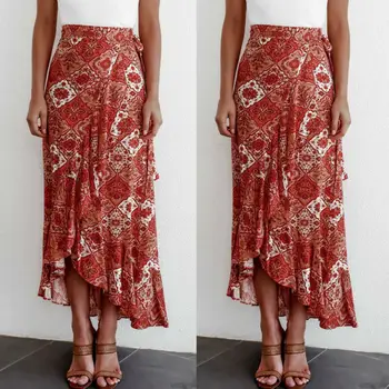 

Boho Womens Floral Jersey Gypsy Long Maxi Full Skirt Summer Beach Elegant High Waist Skirt 2020 Summer Holiday Fashion Sundress