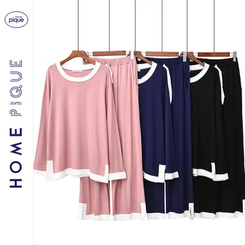 

New Style Pajamas Women's Spring and Autumn Summer Crew Neck Simple Long Sleeve Trousers Modal Crew Neck Pullover Homewear Set W