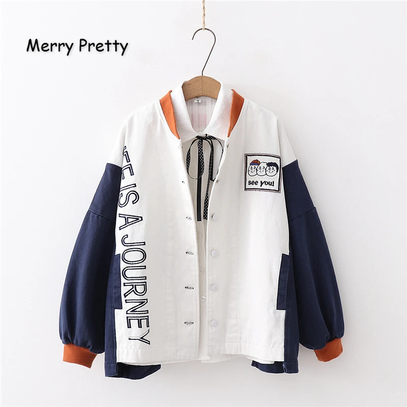 

Merry Pretty Women's Cartoonn Embroidery Basic Jackets 2019 Winter Long Sleeve Contrast color Vintage Patchwork Pullover Coats