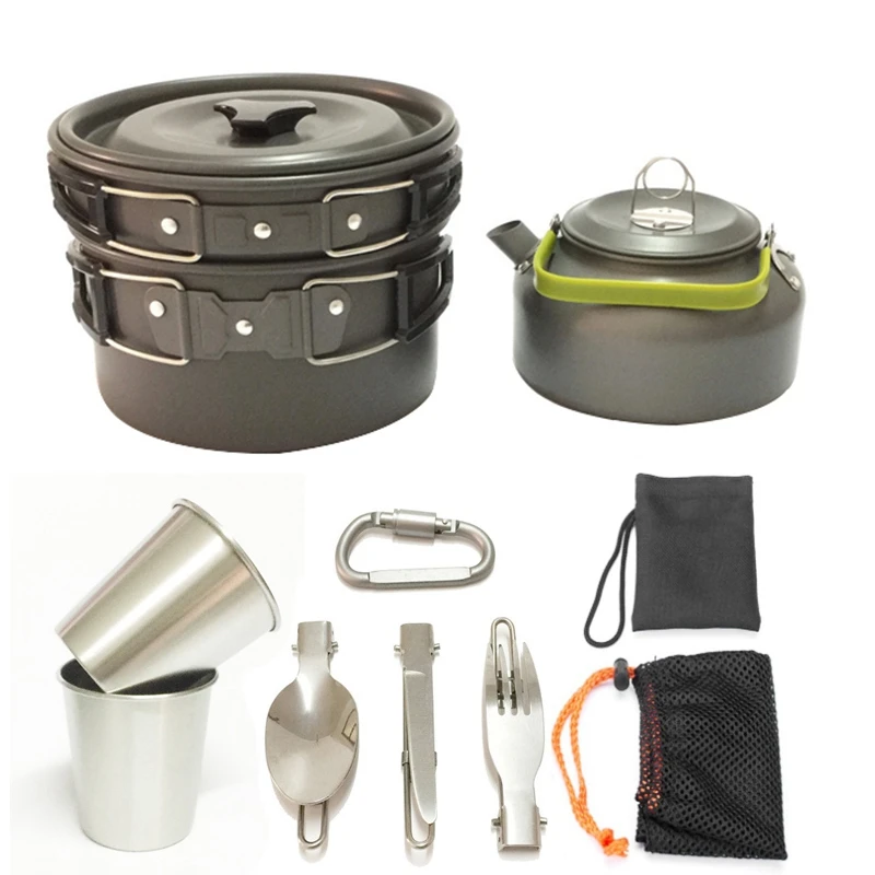 

Outdoor Cookware Pot Teapot Set Portable Camping Cookware Combination Aluminum Tableware