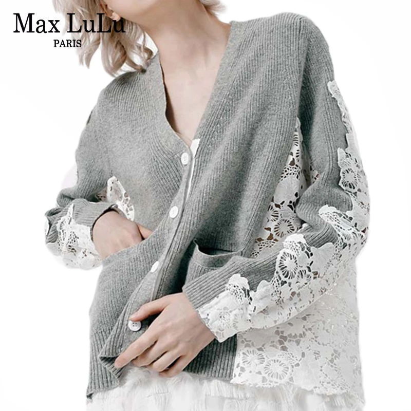 Max LuLu зимний Корейский модный стиль женский теплый трикотаж женское соблазнительное кружевное трикотажный свитер Повседневный хлопковый женский кардиган