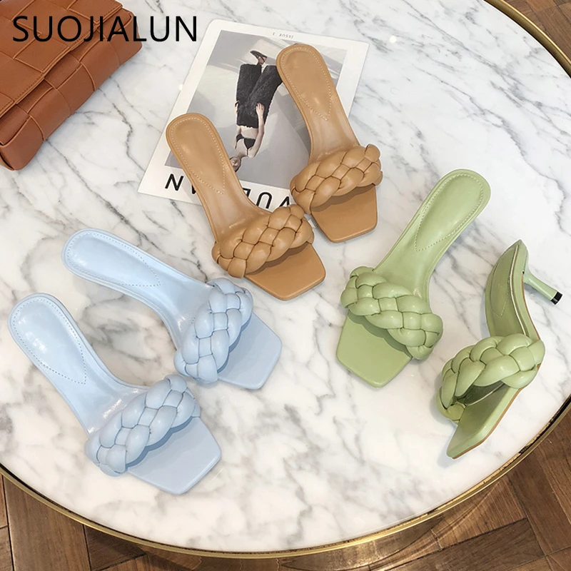 SUOJIALUN 2020 تصميم جديد نسج شبشب نسائي السيدات رقيقة عالية الكعب صندل المفتوحة تو الانزلاق على الصيف في الهواء الطلق الشرائح الوجه بالتخبط الأحذية|شباشب|   - AliExpress