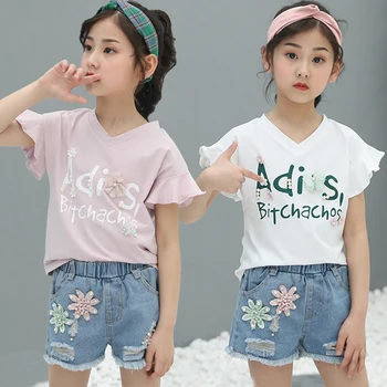 

Kids Comfortable Girl Pant Clothes Clothing Set Summer Kids Girls Clothes Ruffles Tops+Denim Shorts Pants Outfits