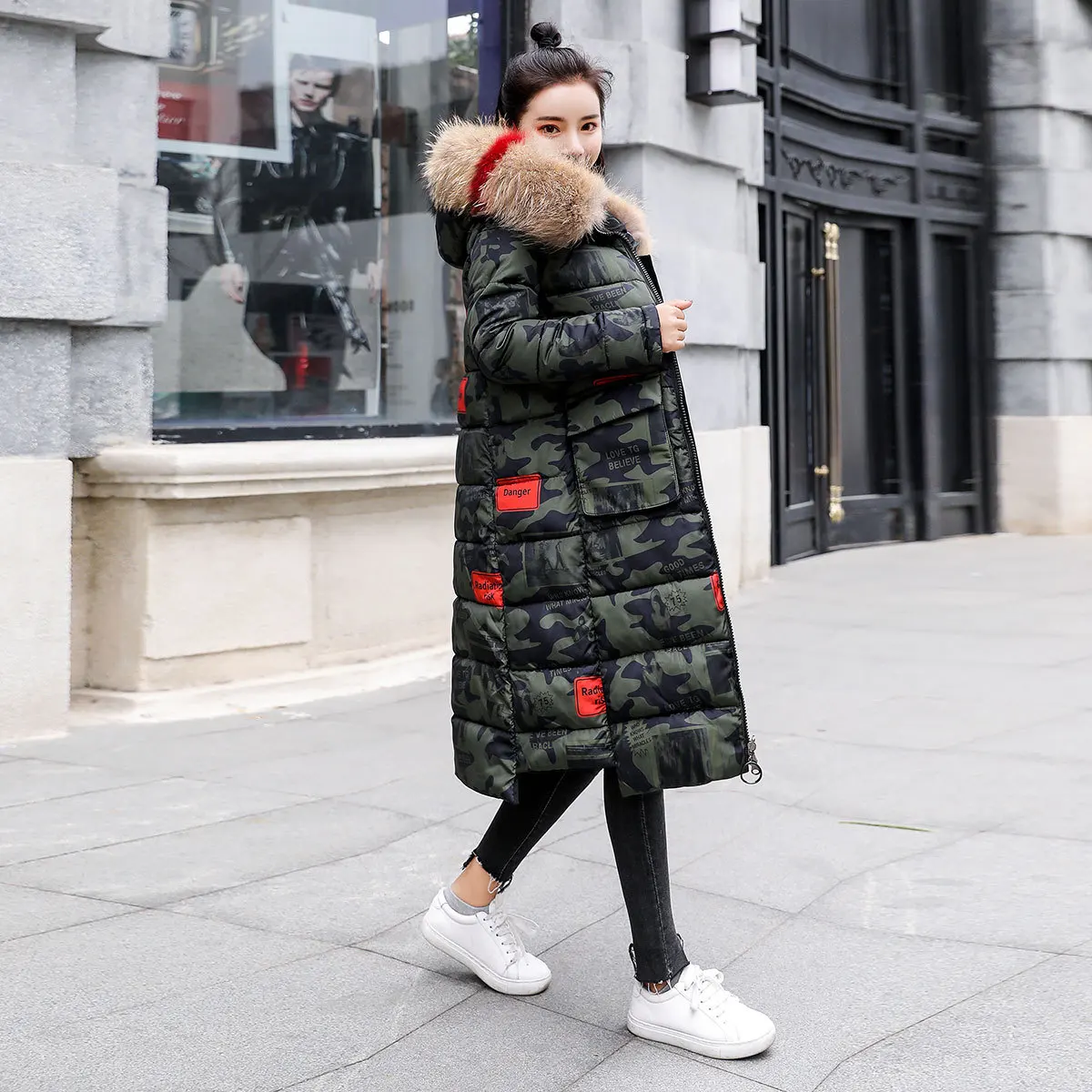 

Camouflage Cotton Coat Mid-length 2019 Winter New Style Korean-style INS inflooring lian Cap Dalian Cap Reversible Cotton-padded