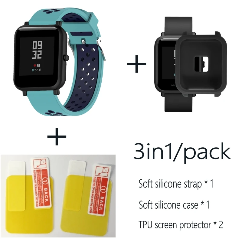 3в1 Для Xiao mi Hua mi Amazfit Bit ремешок BIP PACE Lite Молодежные умные часы mi Fit braceket+ силиконовые полосы+ мягкий чехол+ 2 пленки для экрана - Цвет: Green blue-Black