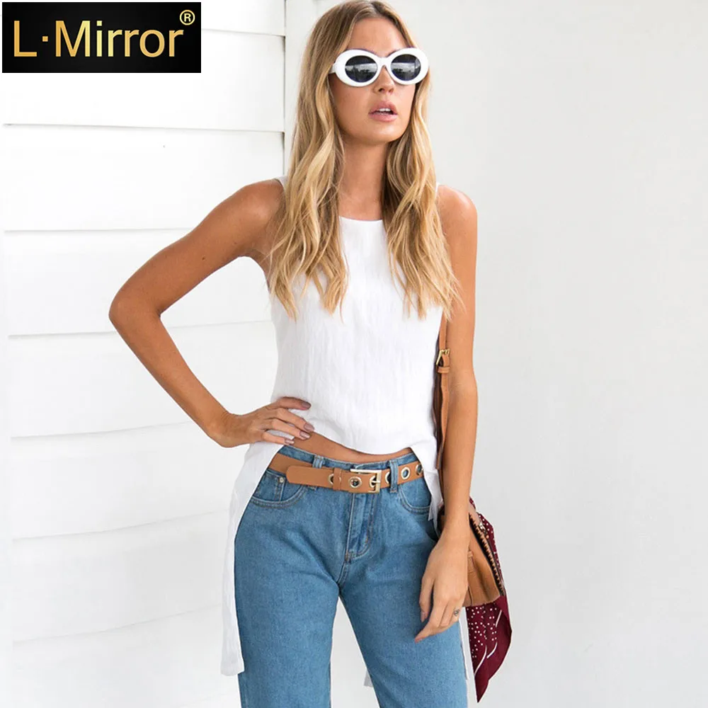 

L.Mirror 1Pcs Women Sleeveless Shirt Crewneck Cross Irregular Casual