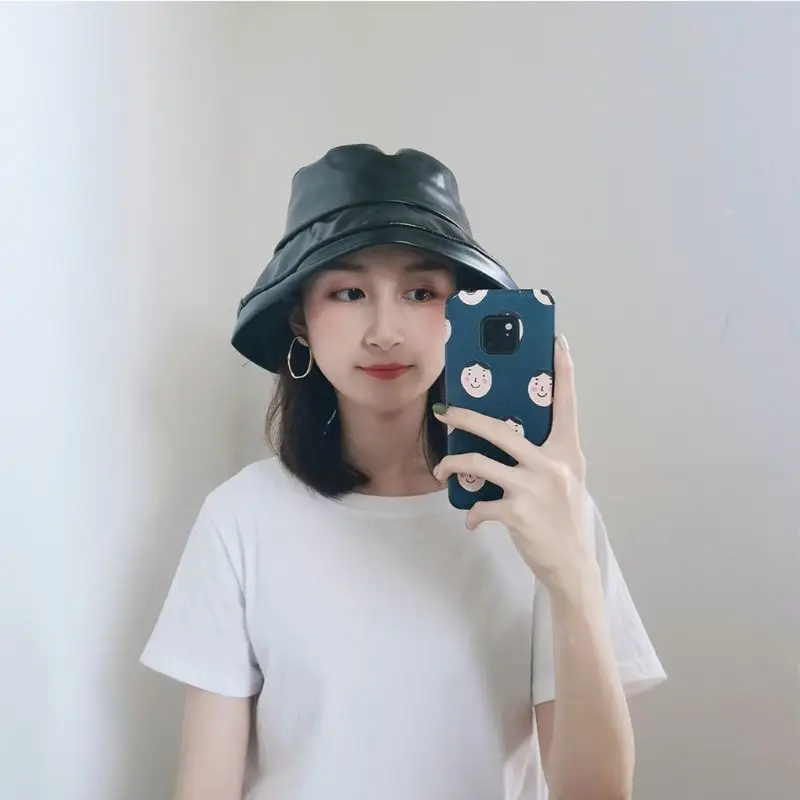 

Women Autumn Foldable PU Leather Bucket Hat Outdoor Fishing Cap Sun Prevent Hats