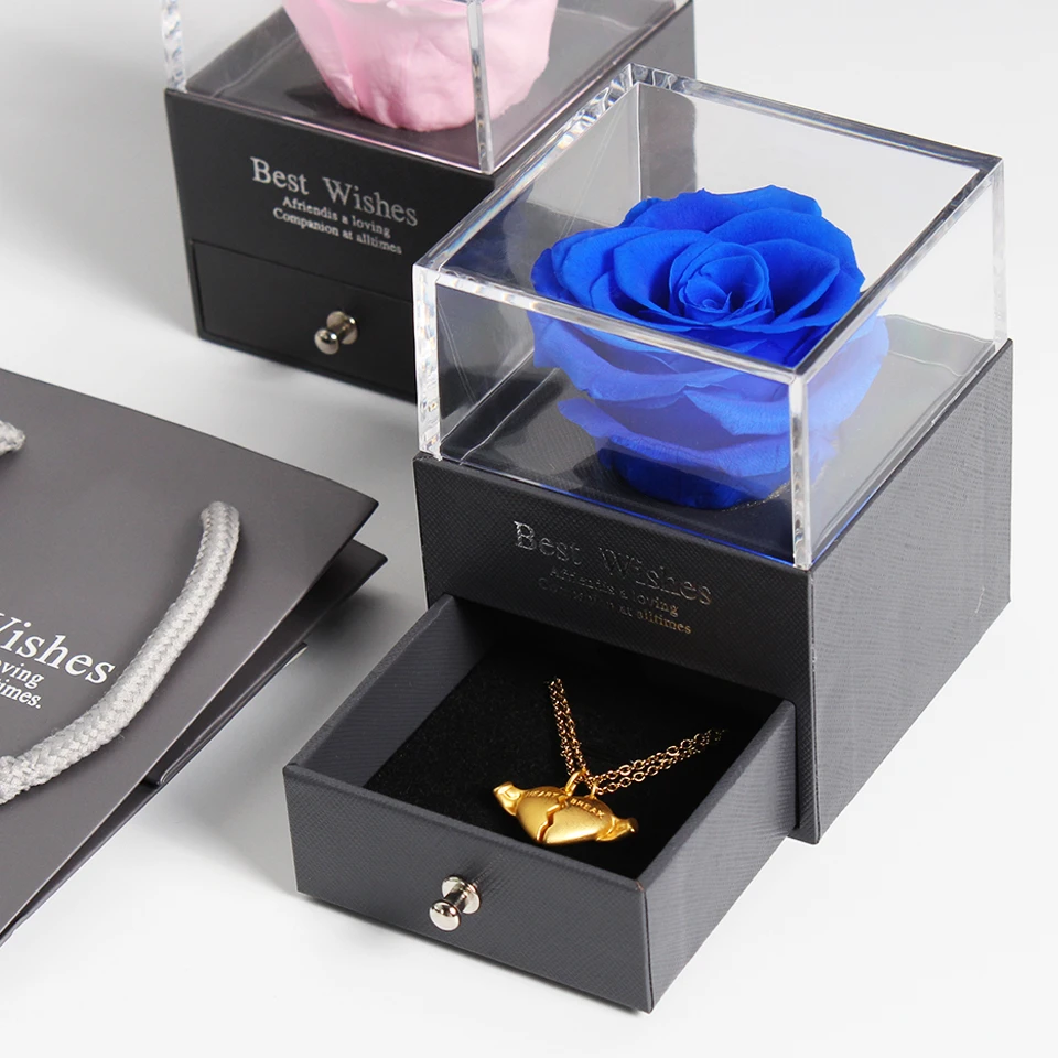 Drop Shipping Eternal Preserved Fresh Rose Jewelry Box With I Love You Heart Necklace Strange Gift For Valentine S Girlfriend Artificial Dried Flowers Aliexpress