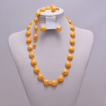 

Nigeria Dubai Gold color Bead jewelry sets African bridal wedding gifts party for women Necklace earrings ring set collares