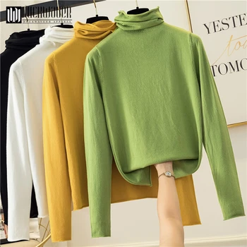 

Duckwaver Avocado green sweater Women basic Knit bottoming shirt Winter Autumn Turtleneck pullover sweater Knitted Tee