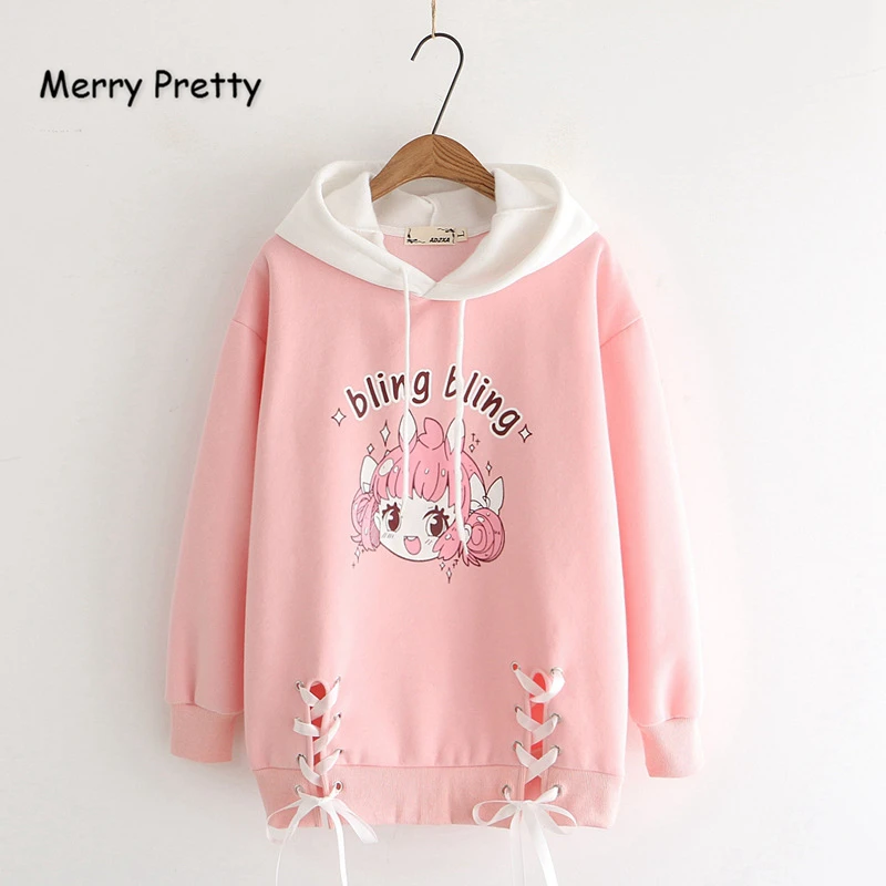 Merry Pretty, женские толстовки с мультяшным принтом на шнуровке, толстовки,, зимние, с длинным рукавом, толстые, плюс бархат, Harajuku, милые пуловеры