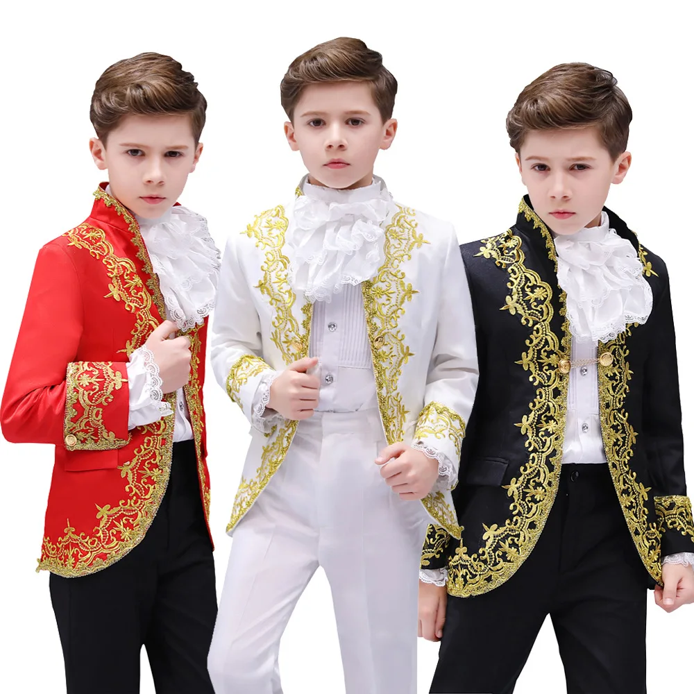 Tanie Chłopcy styl europejski dramat sądowy kostium dzieci złoty kwiat etap książę z