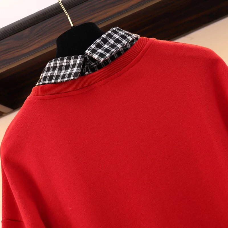 XL-5XL размера плюс, женское красное платье-Толстовка, осень, принт, длинный рукав, пэтчворк, в клетку, свободное, повседневное, хлопок, рубашка, платья