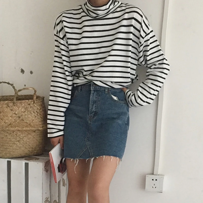 

2019 Fashion Spring And Autumn Long Sleeve Turtleneck Striped Casual T Shirt Loose Pullover Regualr Tops Female Cloths
