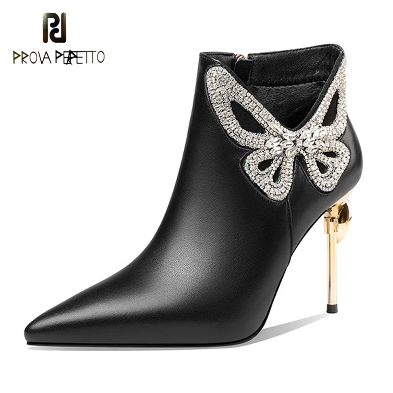 

Pointed Rhinestone Bow High-heeled Shoes with Gem Crystal Electroplated Heel Side Zipper Cowhide Plus Velvet Ankle Boots