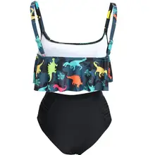 Jurassic печатных бикини европейский и американский Стильный купальный костюм женский большой воланами Высокая талия Плиссированное бикини