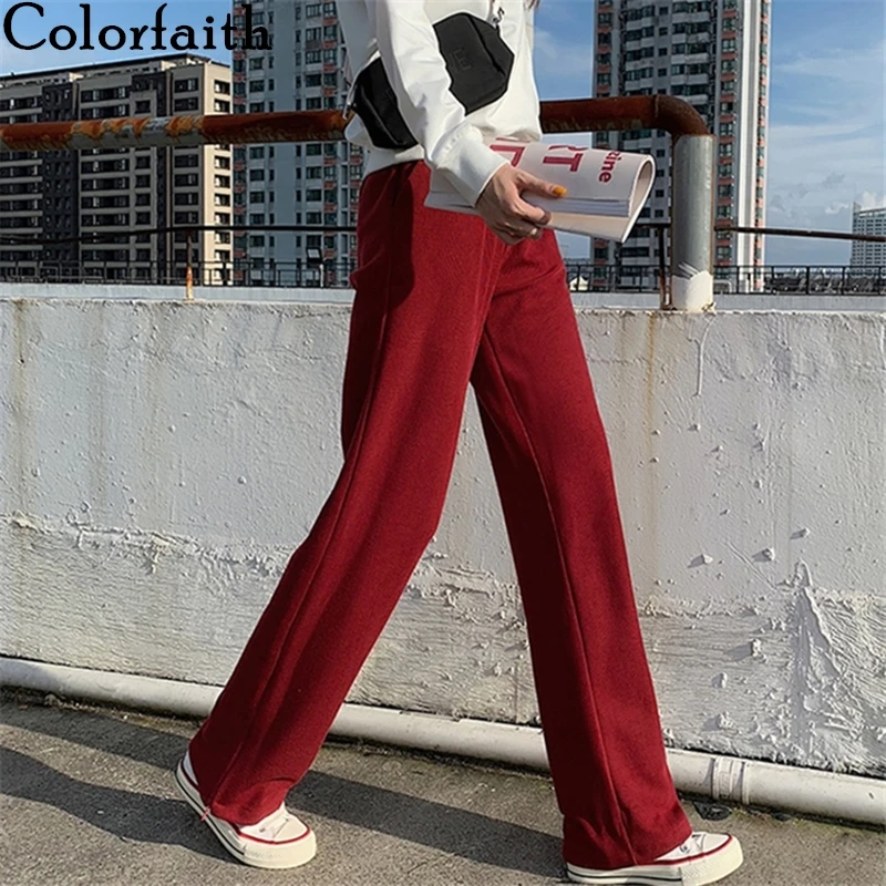 Colorfaith Осень зима 2019 женские штаны широкие высокая талия эластичная разрезные на