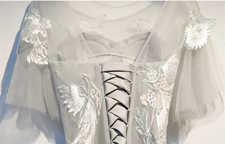 Vestido de festa длинное платье для выпускного вечера с круглым вырезом и коротким рукавом es Серый Тюль с аппликацией А-силуэта платье для выпускного вечера женские вечерние платья