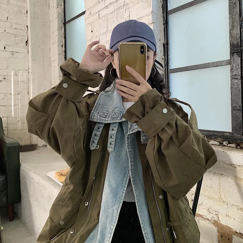 WHITNEY WANG Осенняя модная уличная джинсовая Лоскутная негабаритная куртка Женская стильная ветровка Свободная верхняя одежда