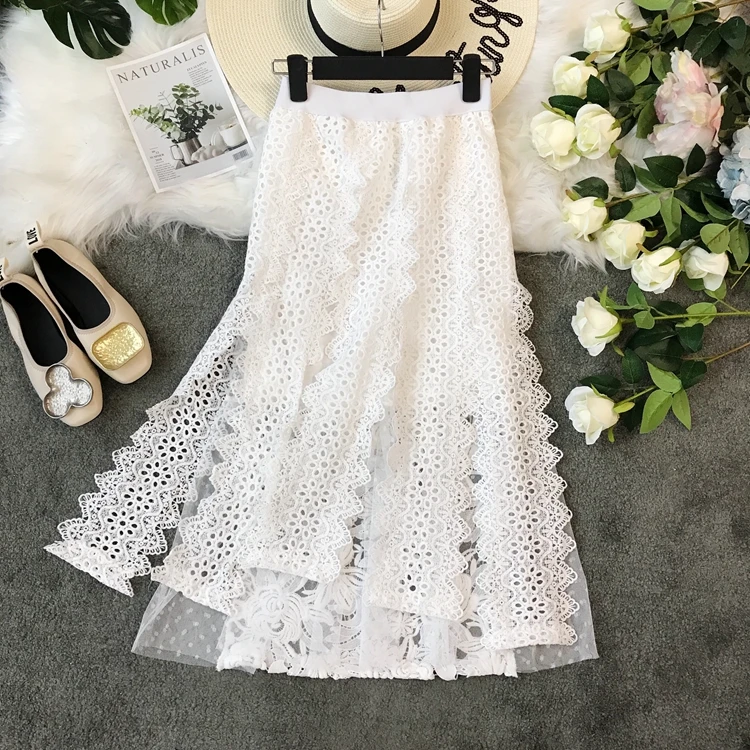 

2020 Spring and Summer New Celebrity Style Solid Color Embroidery Irregular A- line Mesh Ruffle Stitching Lace Skirt