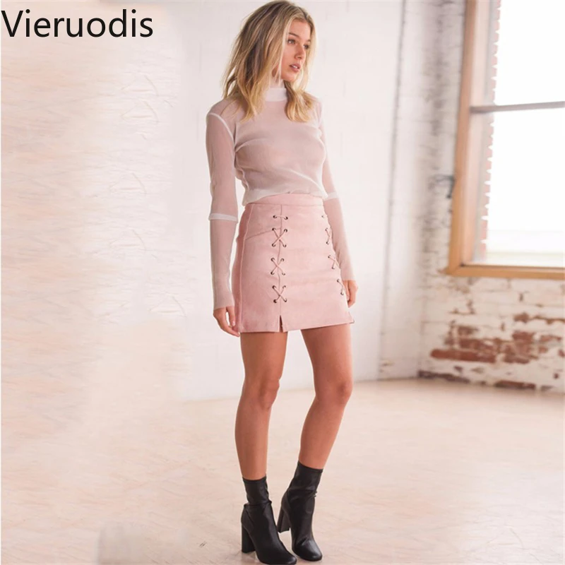Vieruodis, весенне-летняя модная женская облегающая Короткая мини-юбка-карандаш с высокой талией на шнуровке и замшевым карманом в консервативном стиле