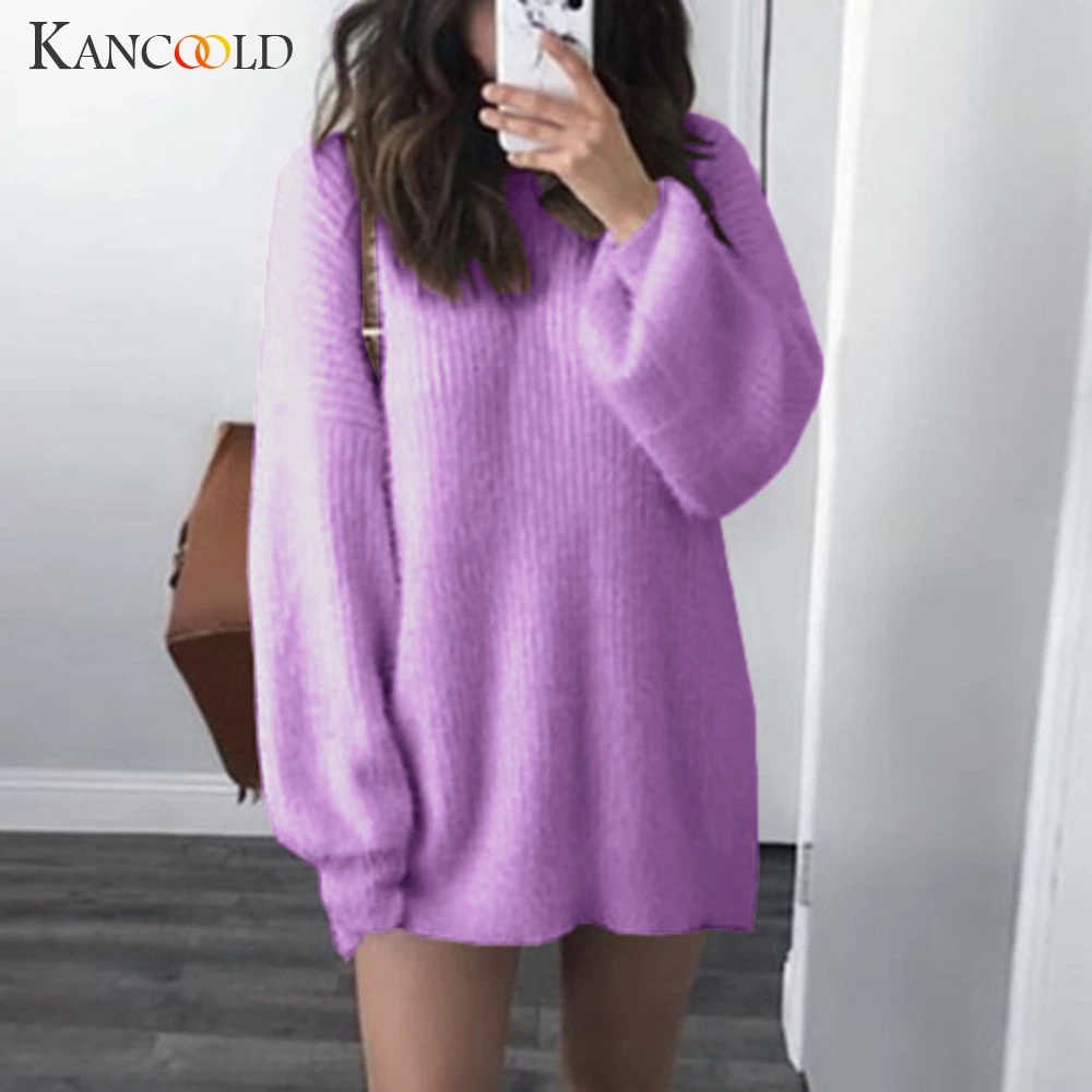 KANCOOLD, Осенний женский свитер, однотонный, длинный рукав, боковой свитер, платье, размер S-5XL, вязаный, теплый, латерн, рукав, топ, ленивый, свободный