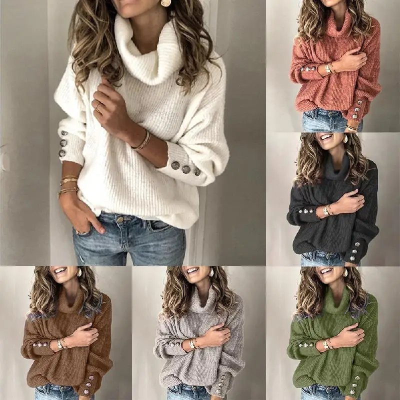 

Bikitique Women's Fashion Knit Sweater Loose Fit Solid Color High Neck Pullover Knitwear Ladies Casual Vintage Sweater