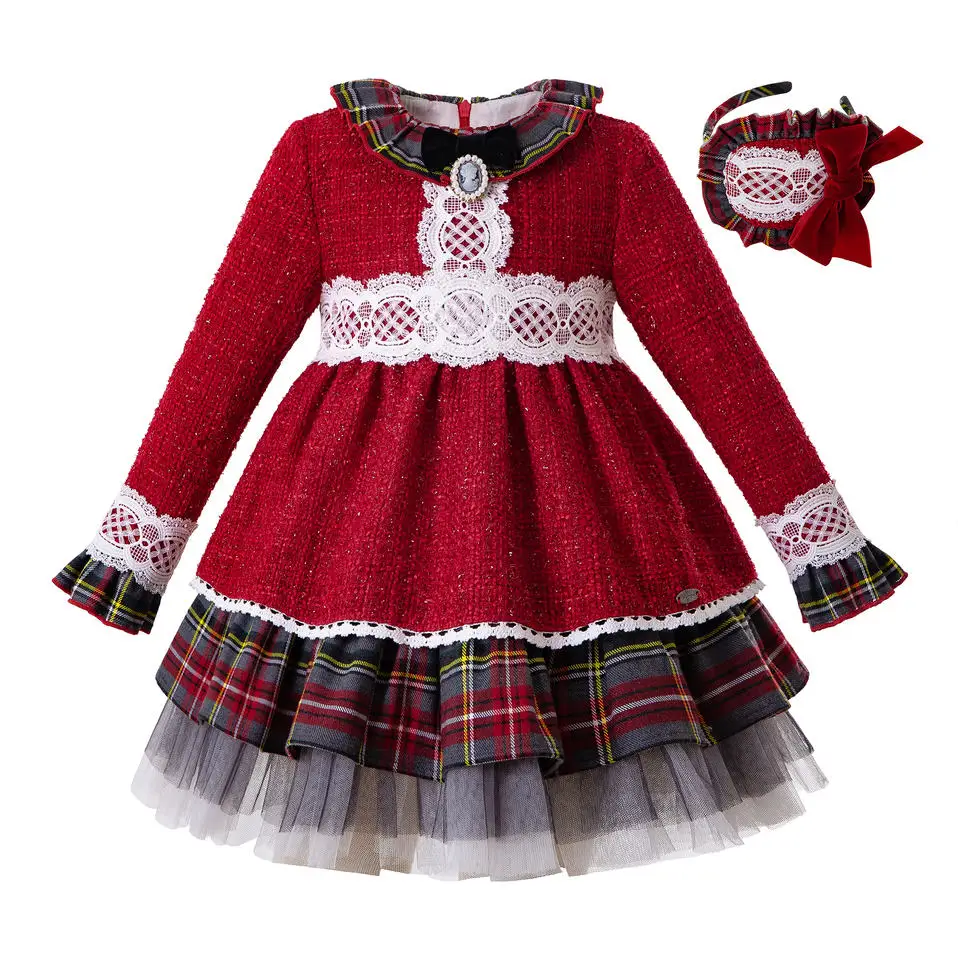 Pettigirl/Новое Осеннее шикарное рождественское платье для девочек+ повязка на голову, красное Сетчатое праздничное платье принцессы с бантом для девочек, детская одежда, G-DMGD208-A407 - Цвет: As picture