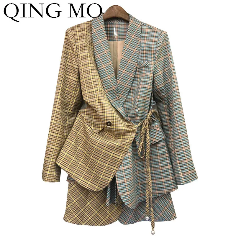 QING MO, Женский комплект в клетку, винтажный стиль, Женский комплект с регулируемой талией, пэчворк, цвет, ассиметричный,, осенняя мода, ZQY1383