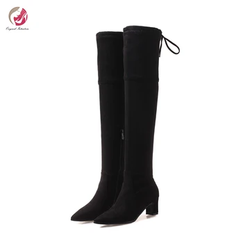 

Original Intention Fashion Thigh High Boots Flock Black Brown Gray Pointed Toe Sexy Chunky High Heels Shoes Woman Plus Size 3-16