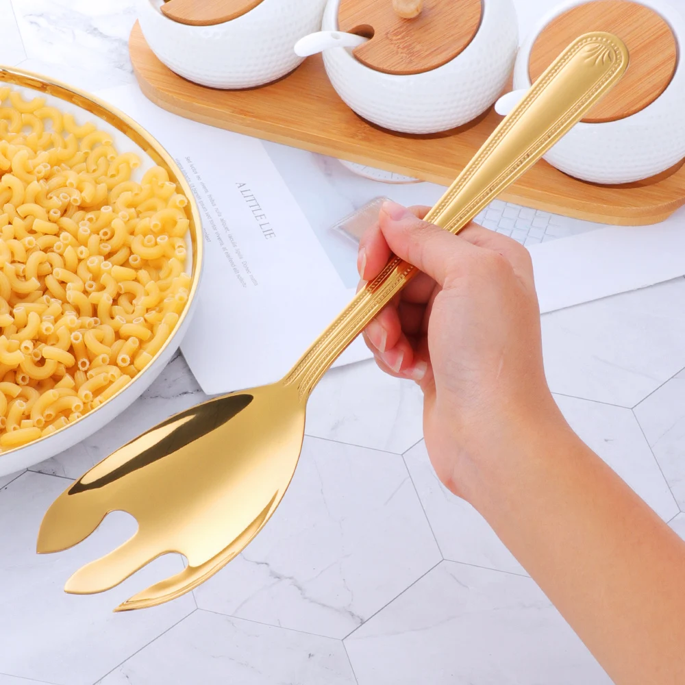 1 Pcs Large Salad Serving Spoon Fork Stainless Steel Cartering Dining Rose Gold Tablespoon Kitchen Utensils 12 Inch