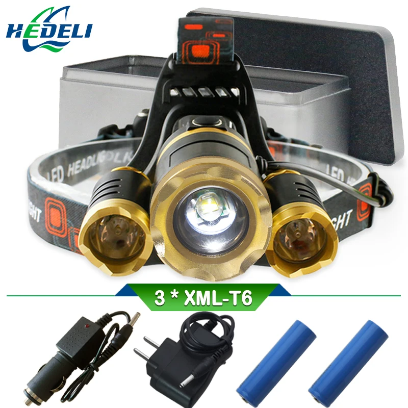 

White Yellow light 3T6 cree xml t6 led headlamp forehead headlight head light rechargeable flashlight head torch waterproof