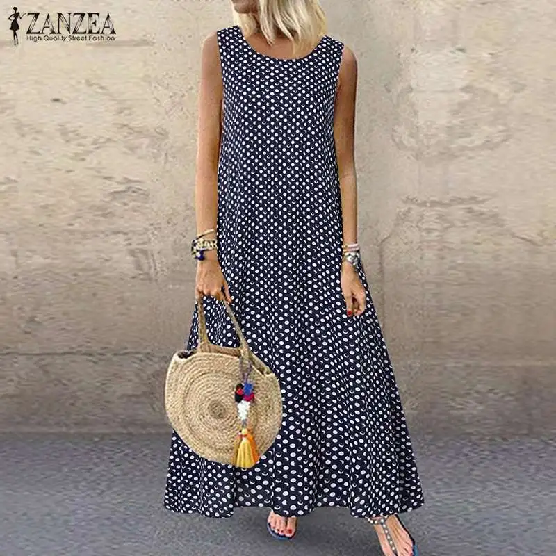 

2019 ZANZEA Women Bohemian Polka Dot Dress Summer Sleeveless Tanks Sundress Robe Vintage Printed Beach Long Vestido Plus Size