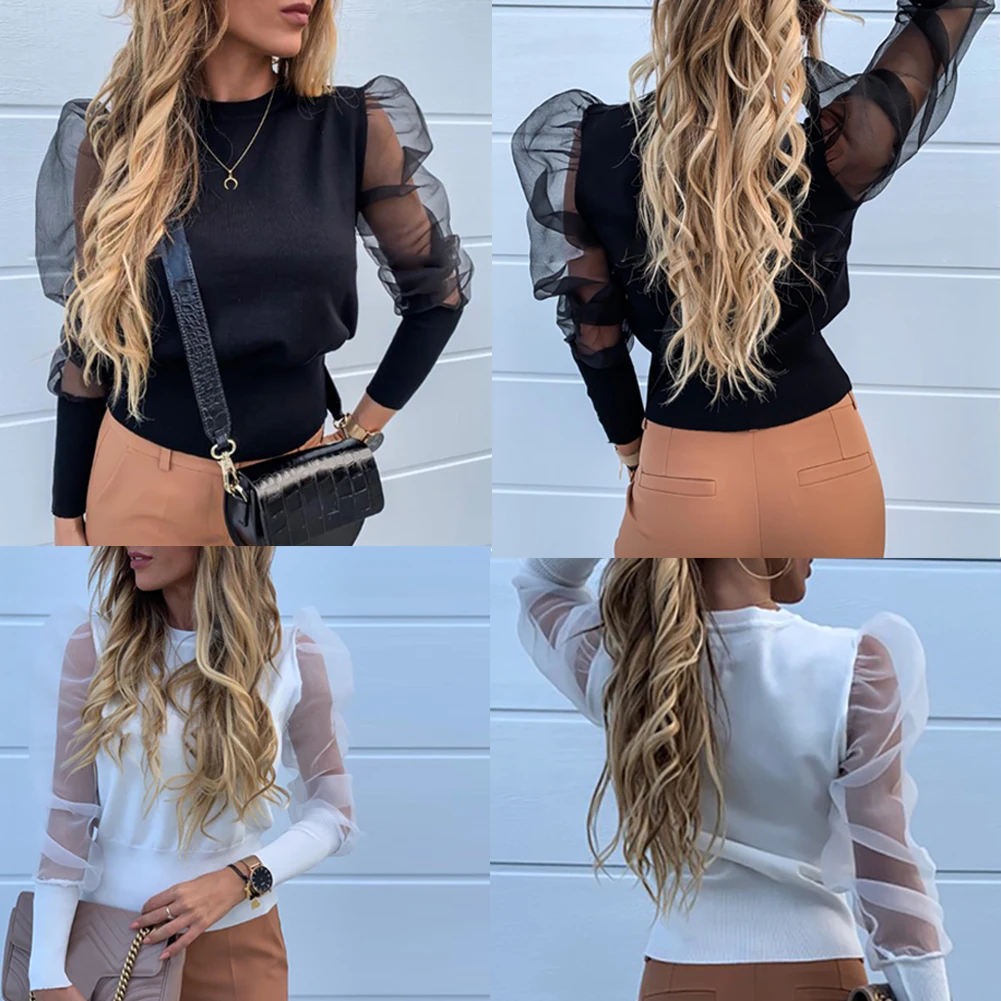 Blusas, женская летняя прозрачная сетчатая блуза с длинным рукавом и круглым вырезом, Женские топы и блузки, blusas mujer de moda