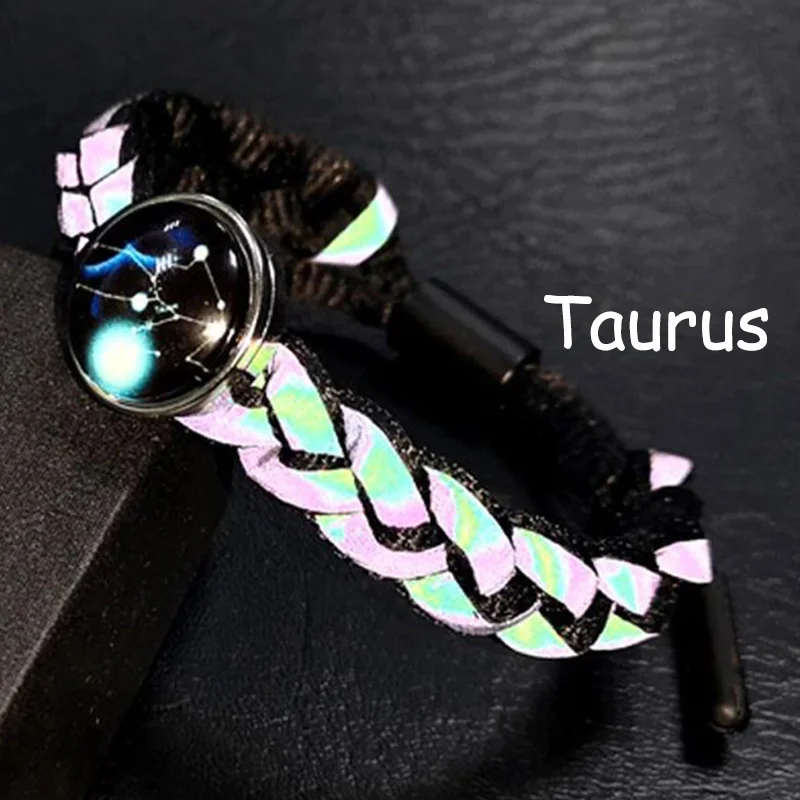 Taurus 12 Созвездие зодиака мужской браслет отражающий свет тканый браслет сделать пожелание панк широкие браслеты для друзей человек - Окраска металла: Taurus