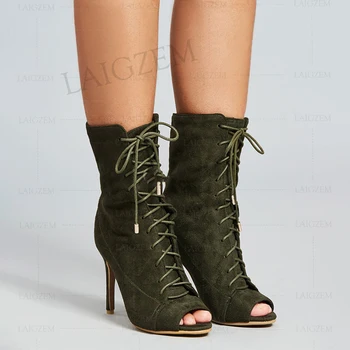 

BERZIMER Women Ankle Boots Peep Toe Spring Summer Faux Suede Heels Ladies Short Booties Zapatos Mujer Large Size 43 44 47 50 52